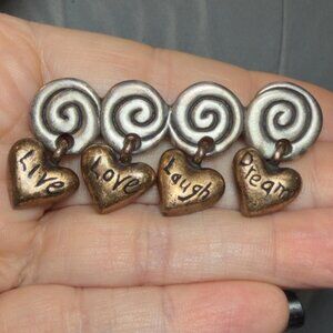 Live Love Laugh Dream Brooch with Dangle Hearts Vintage 1997 Pewter Bronze Tone